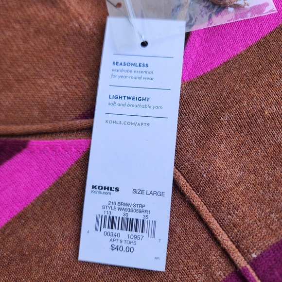 NWT APT 9 Women’s Knit V-Neck Pullover Brown Pink Striped Sweater Lighweight L - Picture 6 of 11